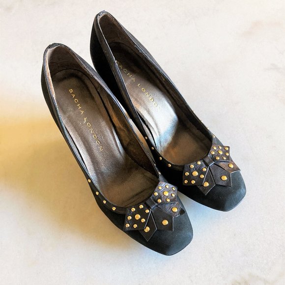 Sacha London black leather high heel pump shoes, western / boho, gold hardware - Picture 1 of 10